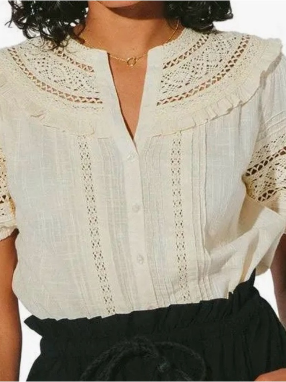 Women’s Cream Lace-Trim Button Front Top